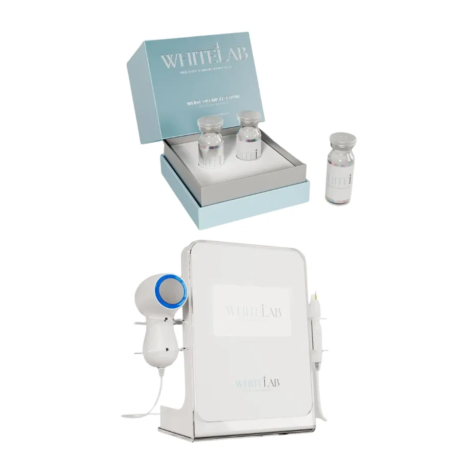 WhiteLab 儀器及其治療精華安瓶包裝，標示 MELANIN LABORATORY USA